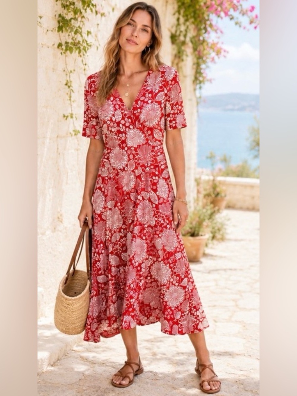 Boden Red Floral Viscose Boho Cottagecore Wrap Midi Vacation Resort Dress Size 2